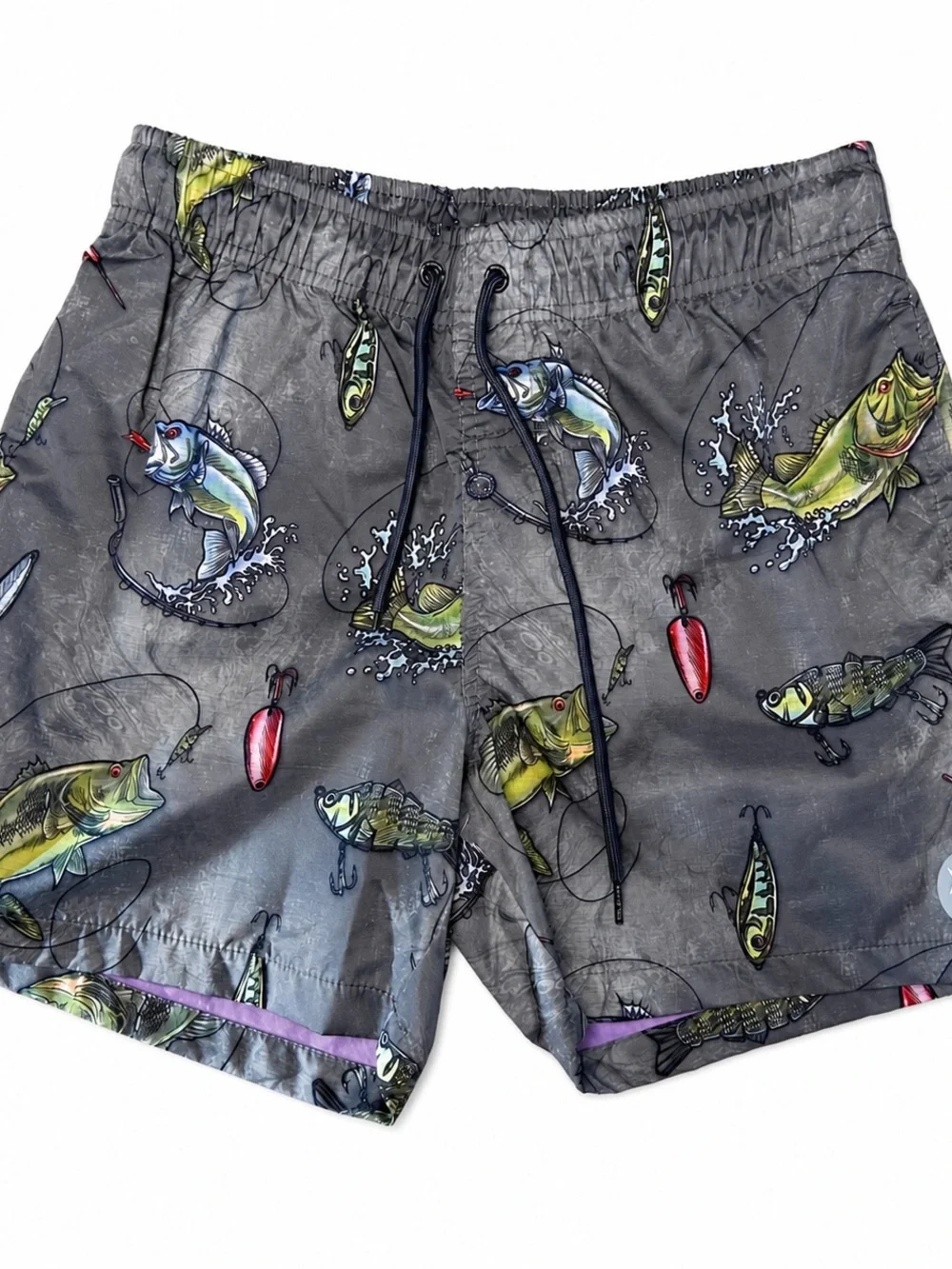 PSYCHO TUNA Men’s Small Waterproof Fishing / Swimming Shorts Gray With Fish